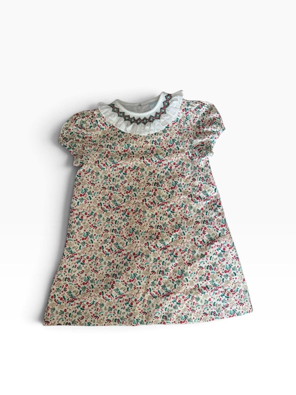 Edgehill Collection Floral Ruffle-Collar Dress - White with Pink & Green